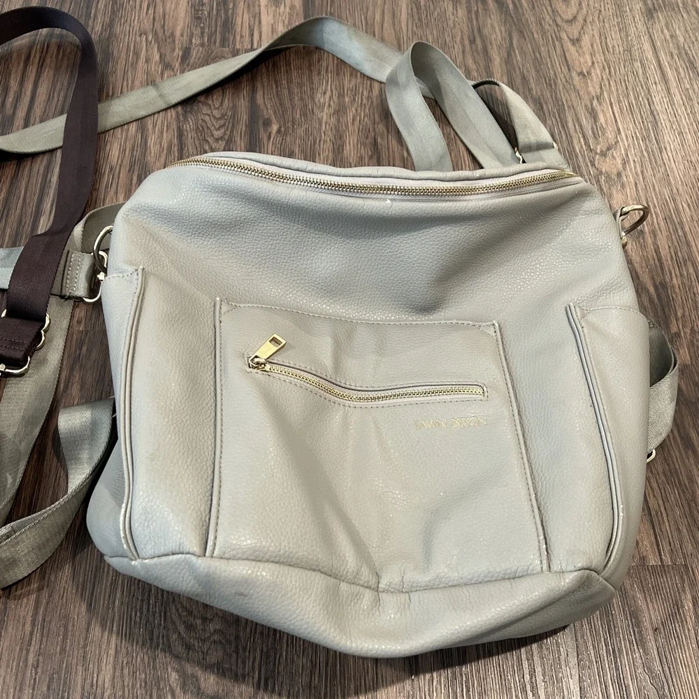 2 Fawn Design Large And Mini Backpack Messenger Diaper Bag Beige Vegan Leather